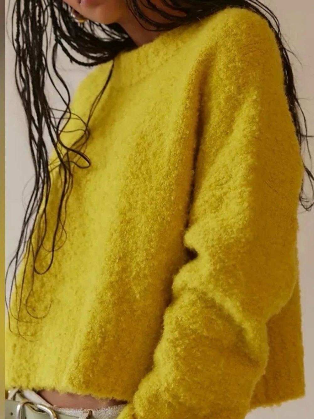 Free People Mustard Yellow Bouclé Crewneck Sweater